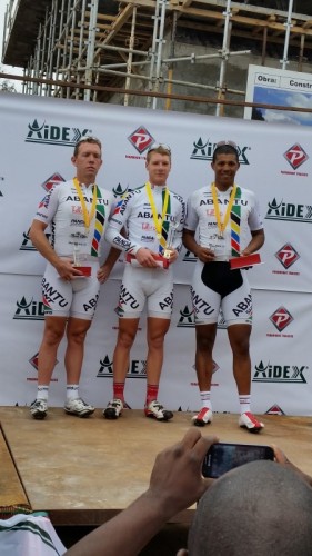 Men's race winners, all from the Abantu team, second James Perry, first Morne van Niekerk and third Nolan Hoffman.